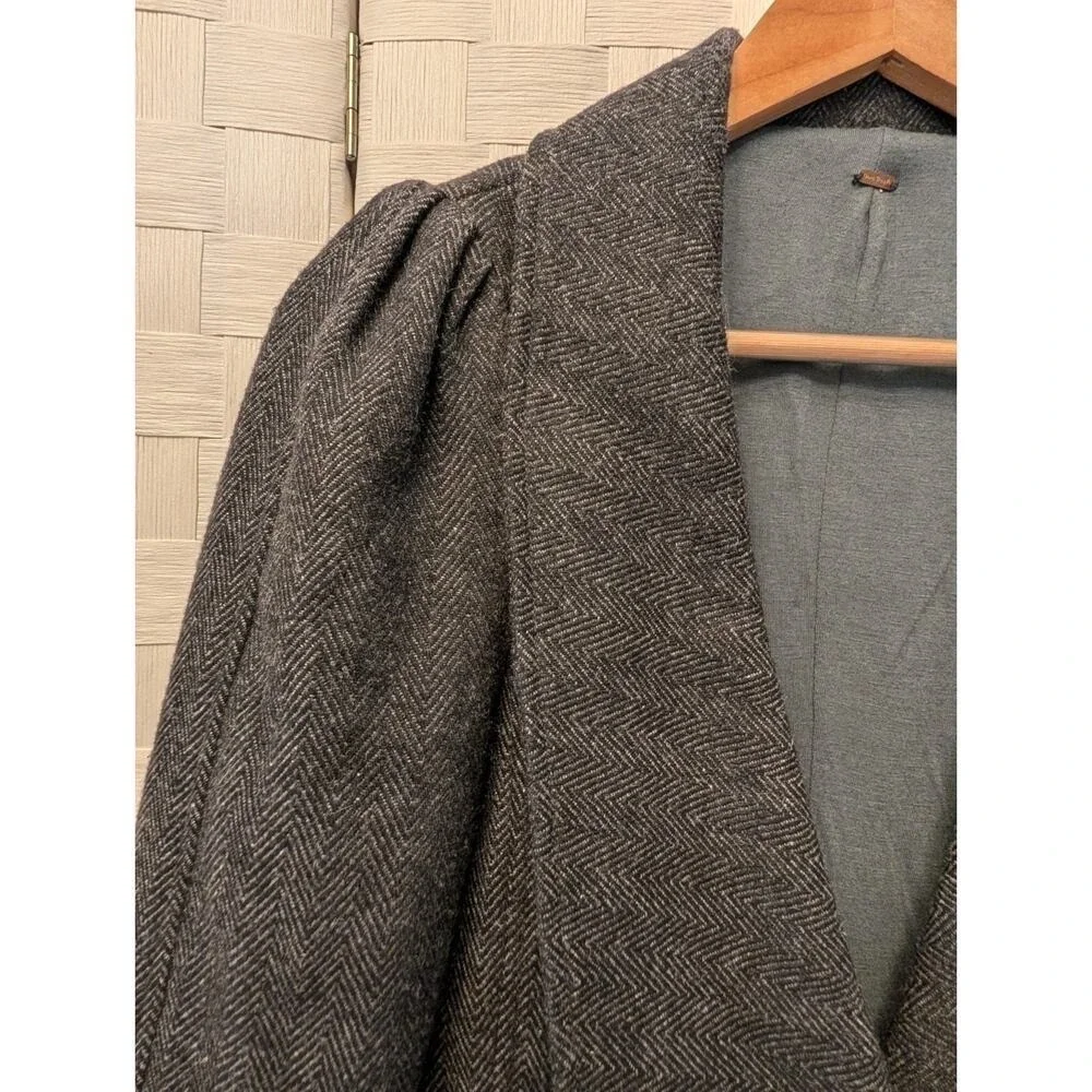 Free People Charcoal Herringbone Wool Blend Puff‎ Shoulder Blazer Jacket Gray